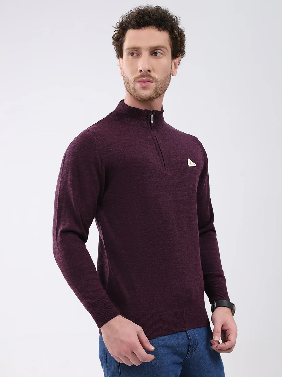 Men Purple Solid Mock Neck Full Sleeve Pullover - Image 4