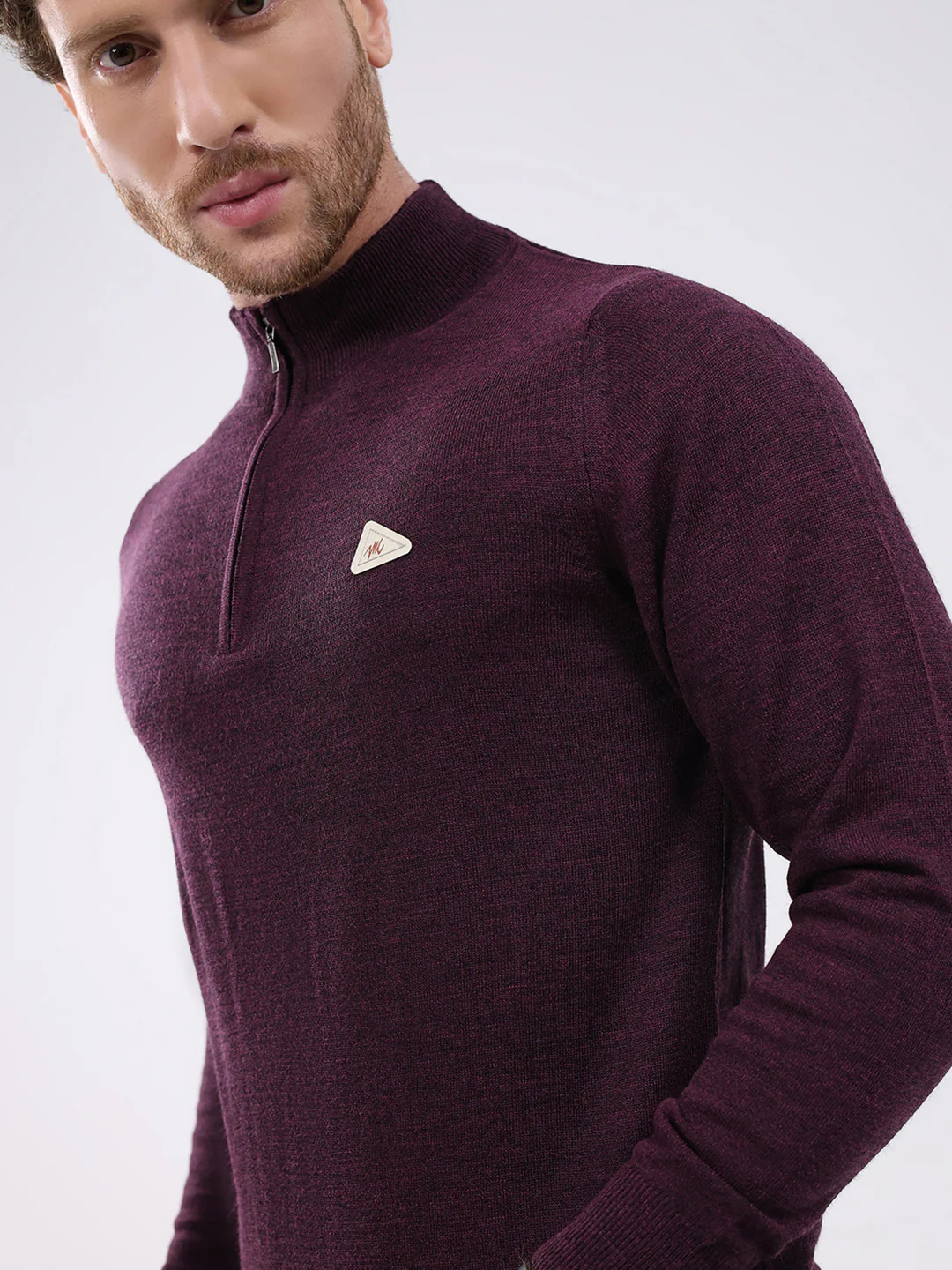 Men Purple Solid Mock Neck Full Sleeve Pullover - Image 7