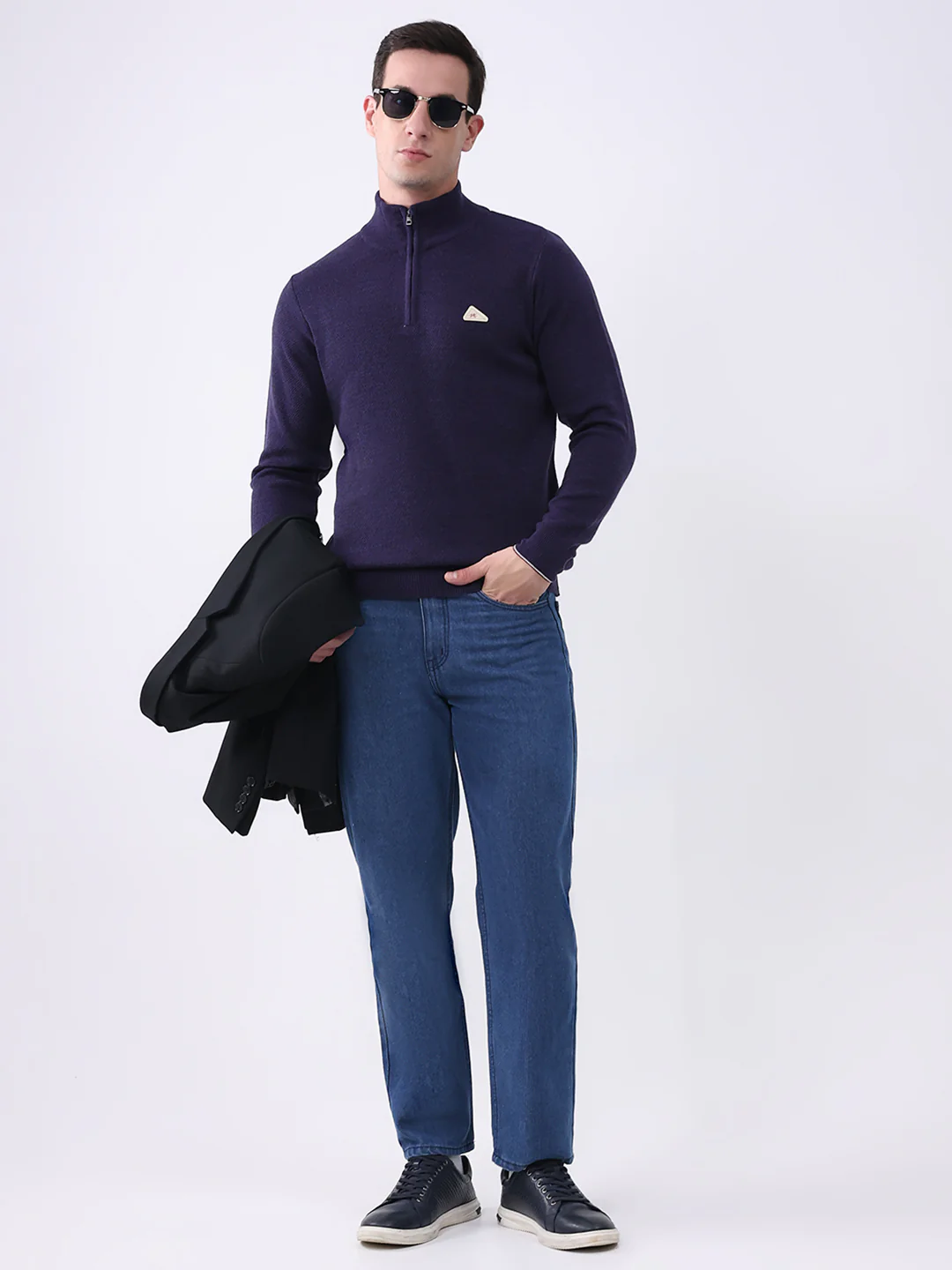 Men Purple Solid Mock Neck Full Sleeve Pullover - Image 2