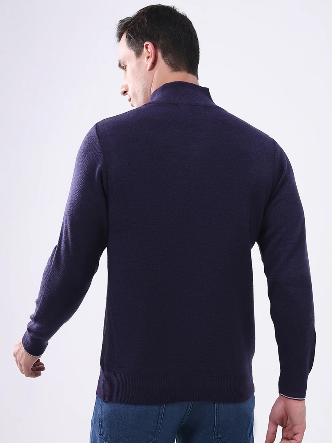 Men Purple Solid Mock Neck Full Sleeve Pullover - Image 5