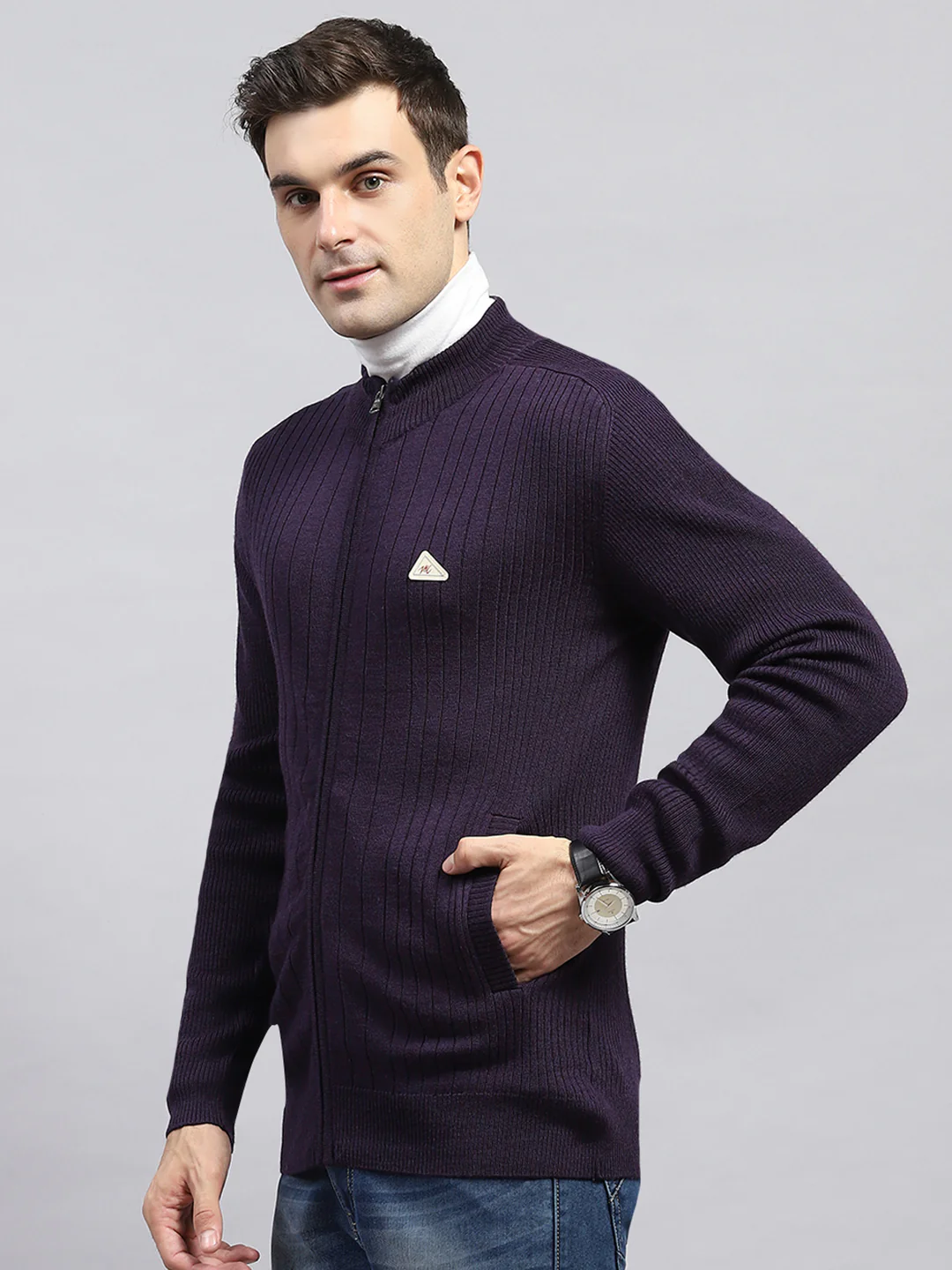 Men Purple Solid Round Neck Full Sleeve Pullover - Image 3