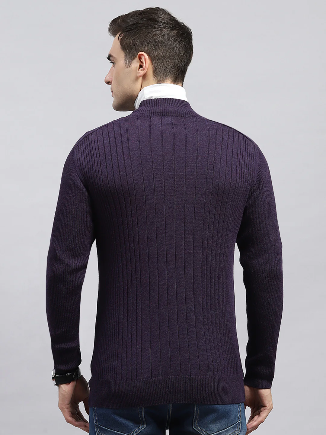 Men Purple Solid Round Neck Full Sleeve Pullover - Image 5