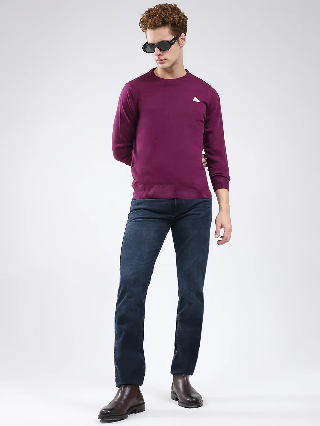 Men Purple Solid Round Neck Full Sleeve Pullover - Image 2