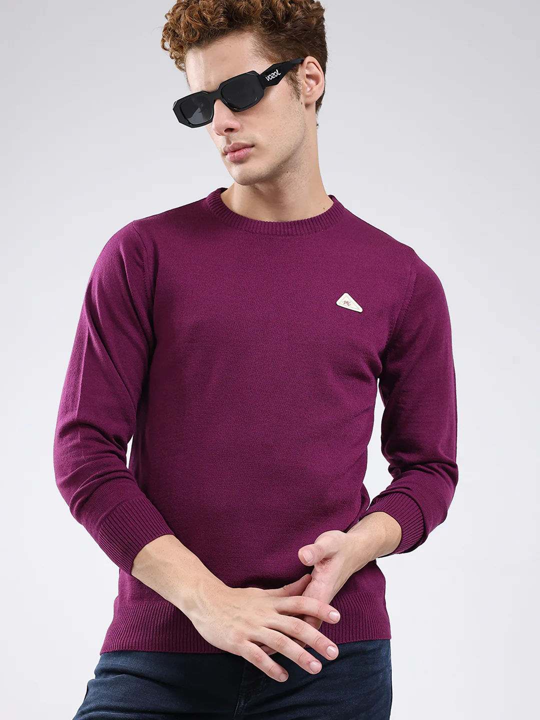 Men Purple Solid Round Neck Full Sleeve Pullover - Image 6