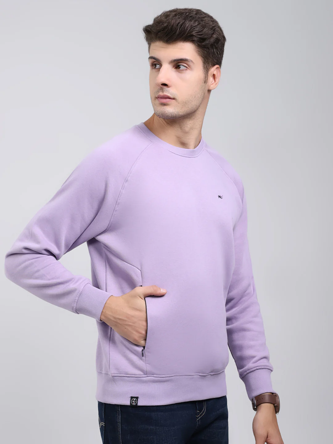 Men Purple Solid Round Neck Full Sleeve Sweatshirt - Image 4