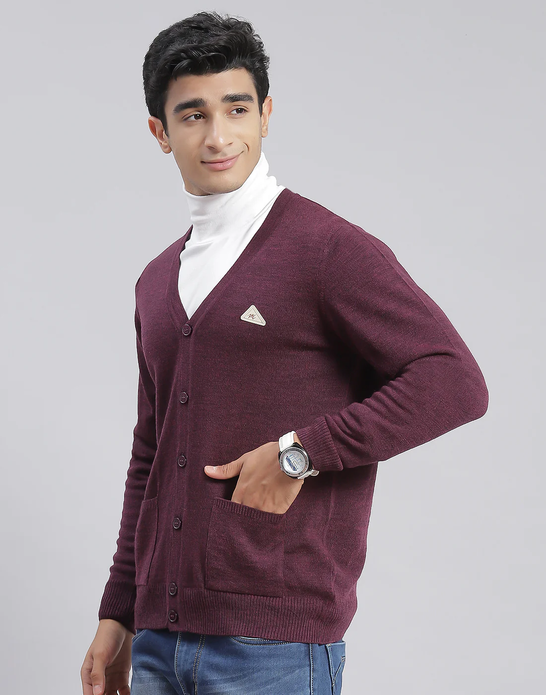 Men Purple Solid V Neck Full Sleeve Cardigan - Image 4