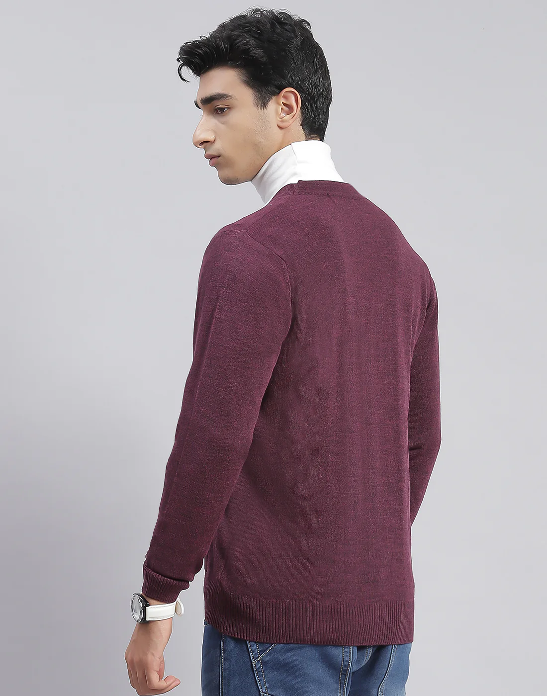 Men Purple Solid V Neck Full Sleeve Cardigan - Image 6