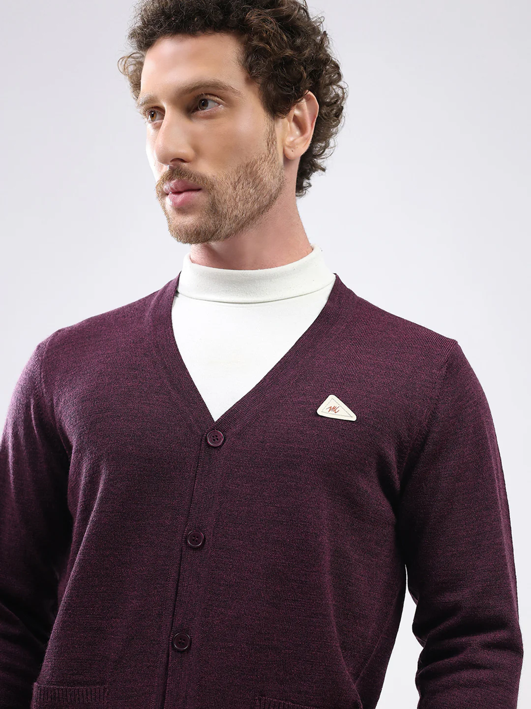 Men Purple Solid V Neck Full Sleeve Cardigan - Image 6