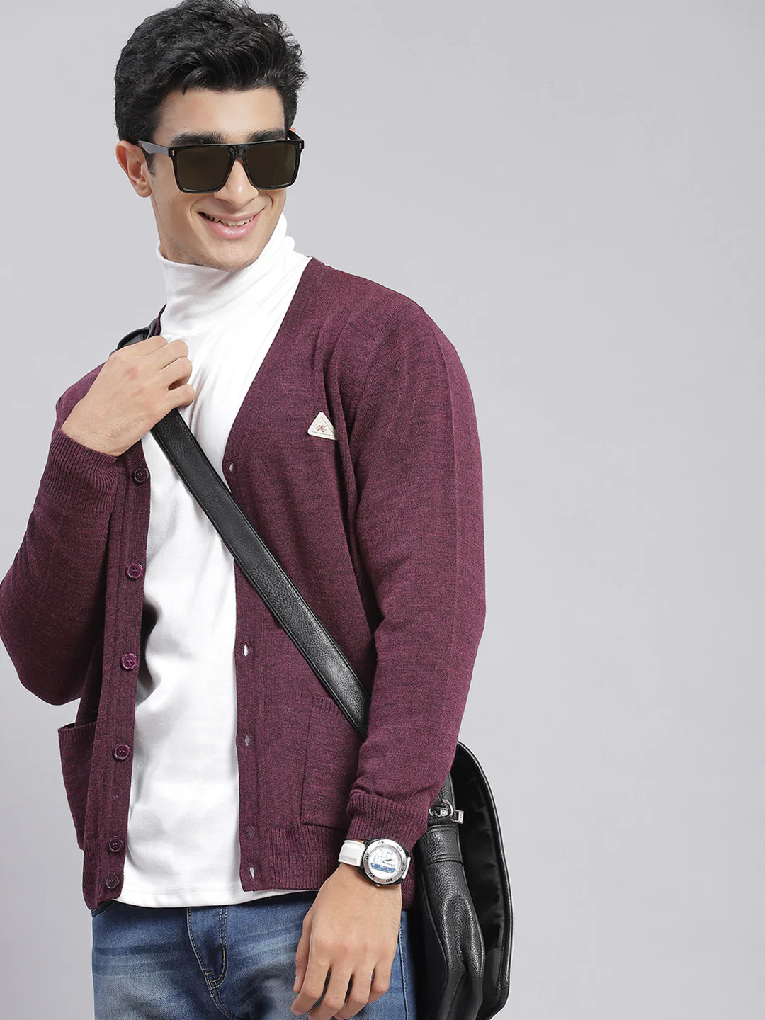 Men Purple Solid V Neck Full Sleeve Cardigans - Image 2