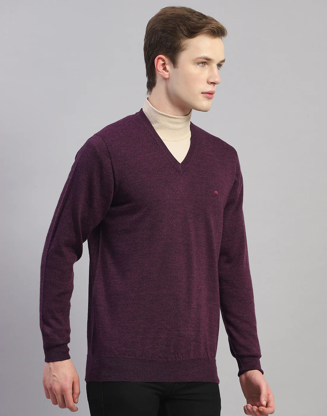 Men Purple Solid V Neck Full Sleeve Pullover - Image 5