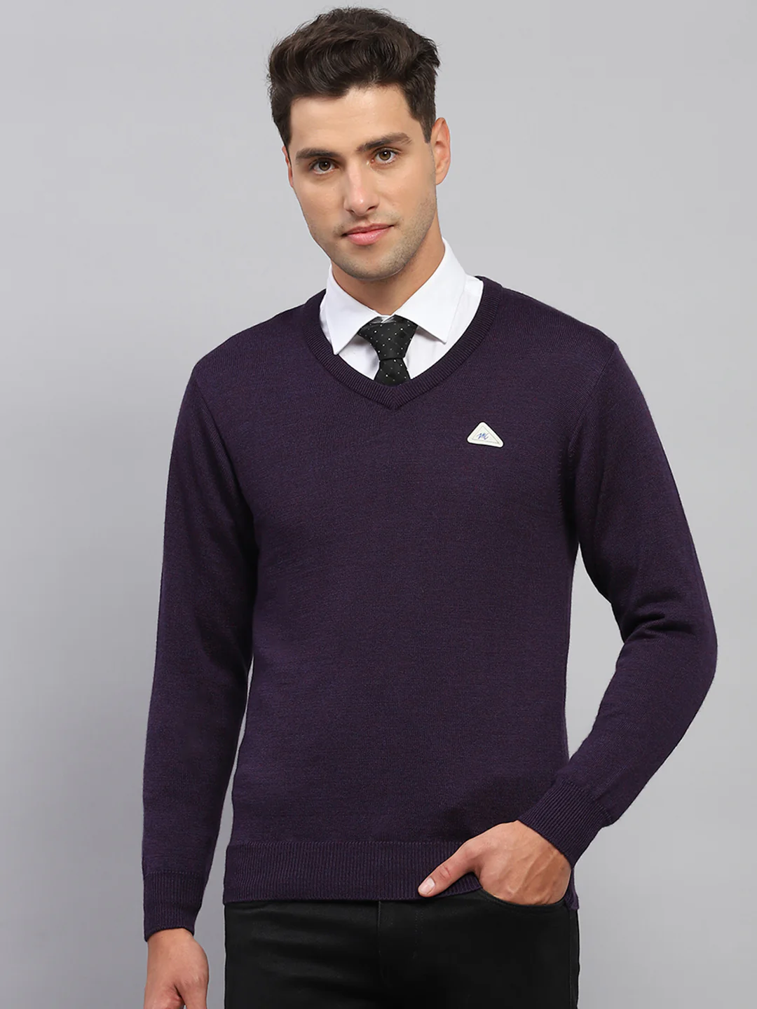 Men Purple Solid V Neck Full Sleeve Pullover - Image 2