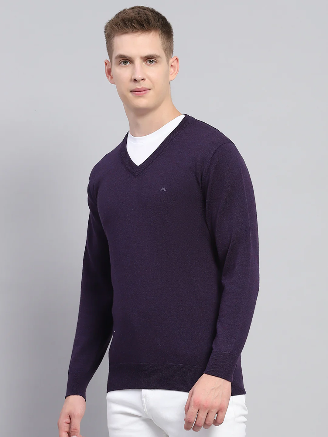 Men Purple Solid V Neck Full Sleeve Pullover - Image 3