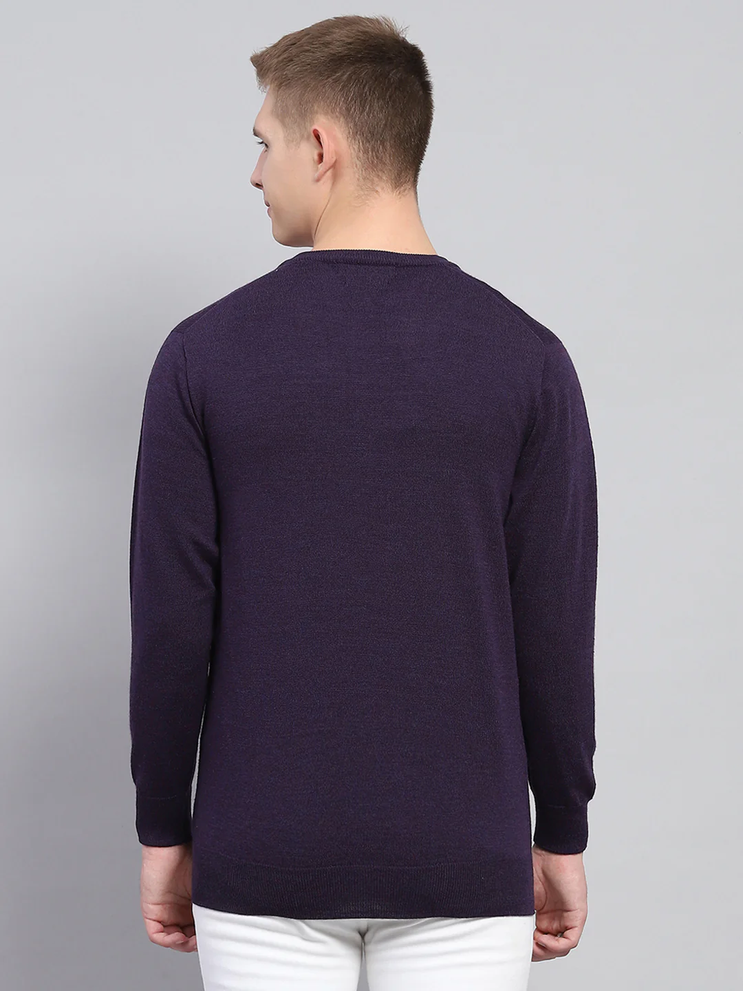 Men Purple Solid V Neck Full Sleeve Pullover - Image 5