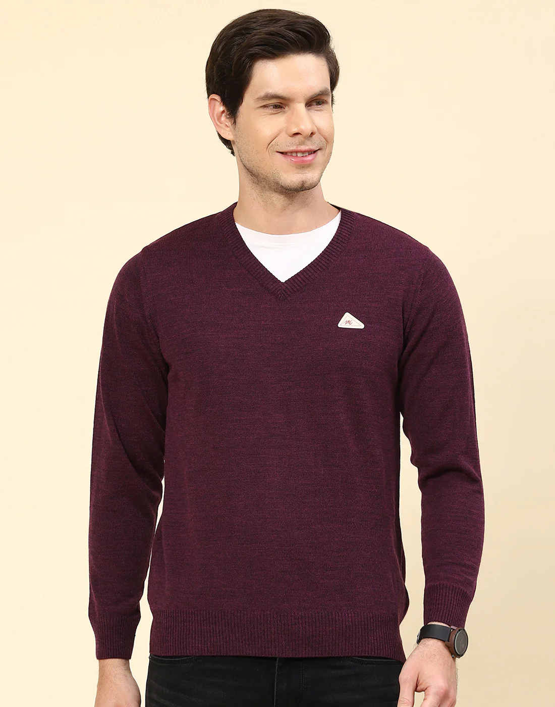 Men Purple Solid V Neck Full Sleeve Pullover - Image 3