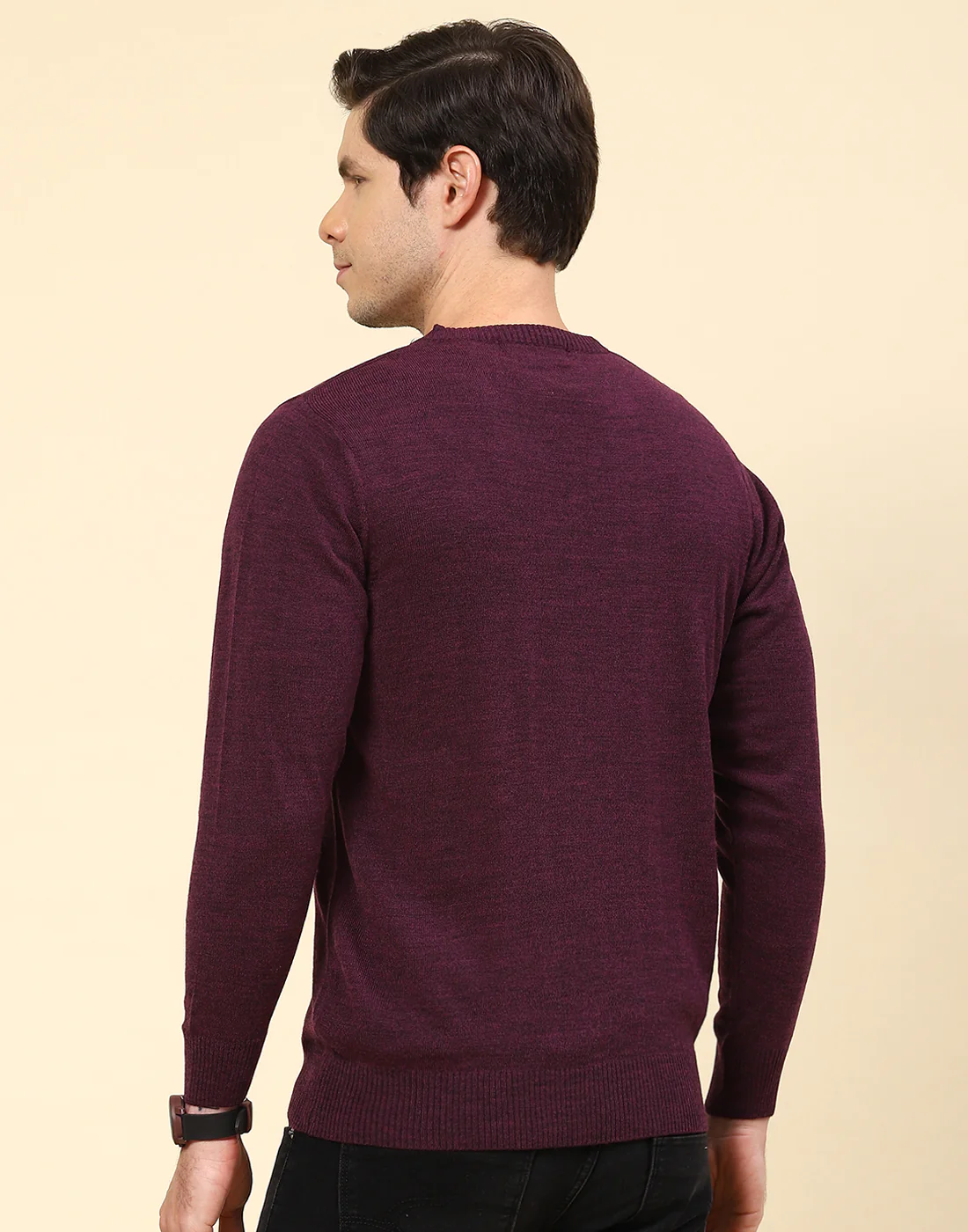 Men Purple Solid V Neck Full Sleeve Pullover - Image 5