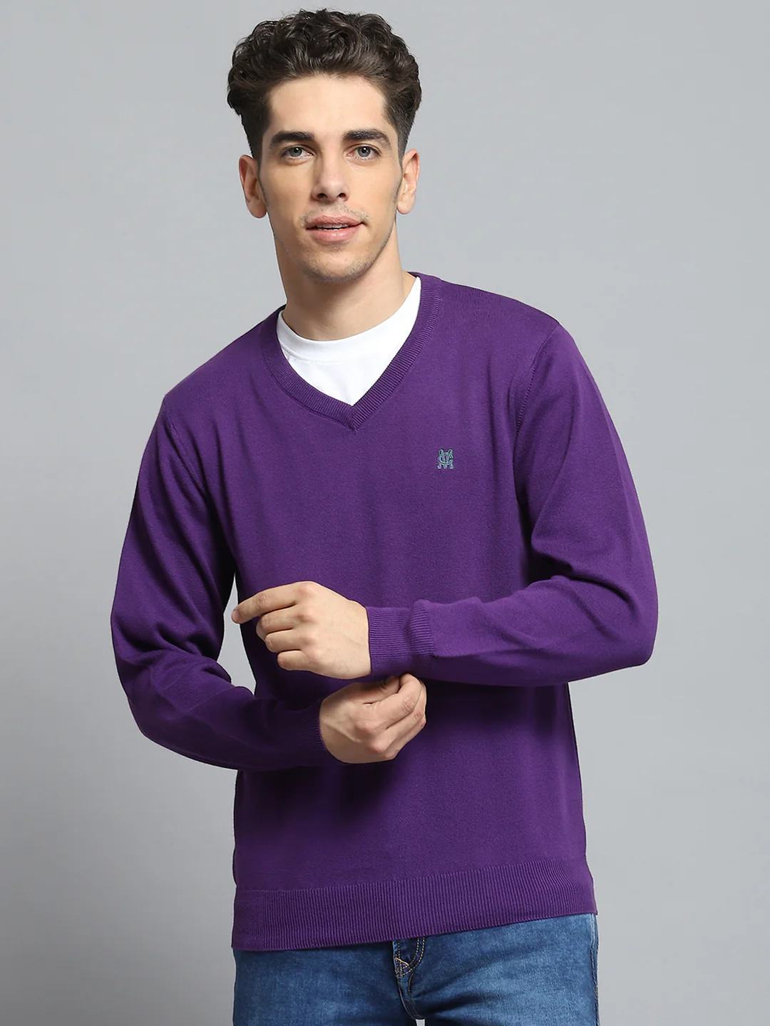 Men Purple Solid V Neck Full Sleeve Pullover