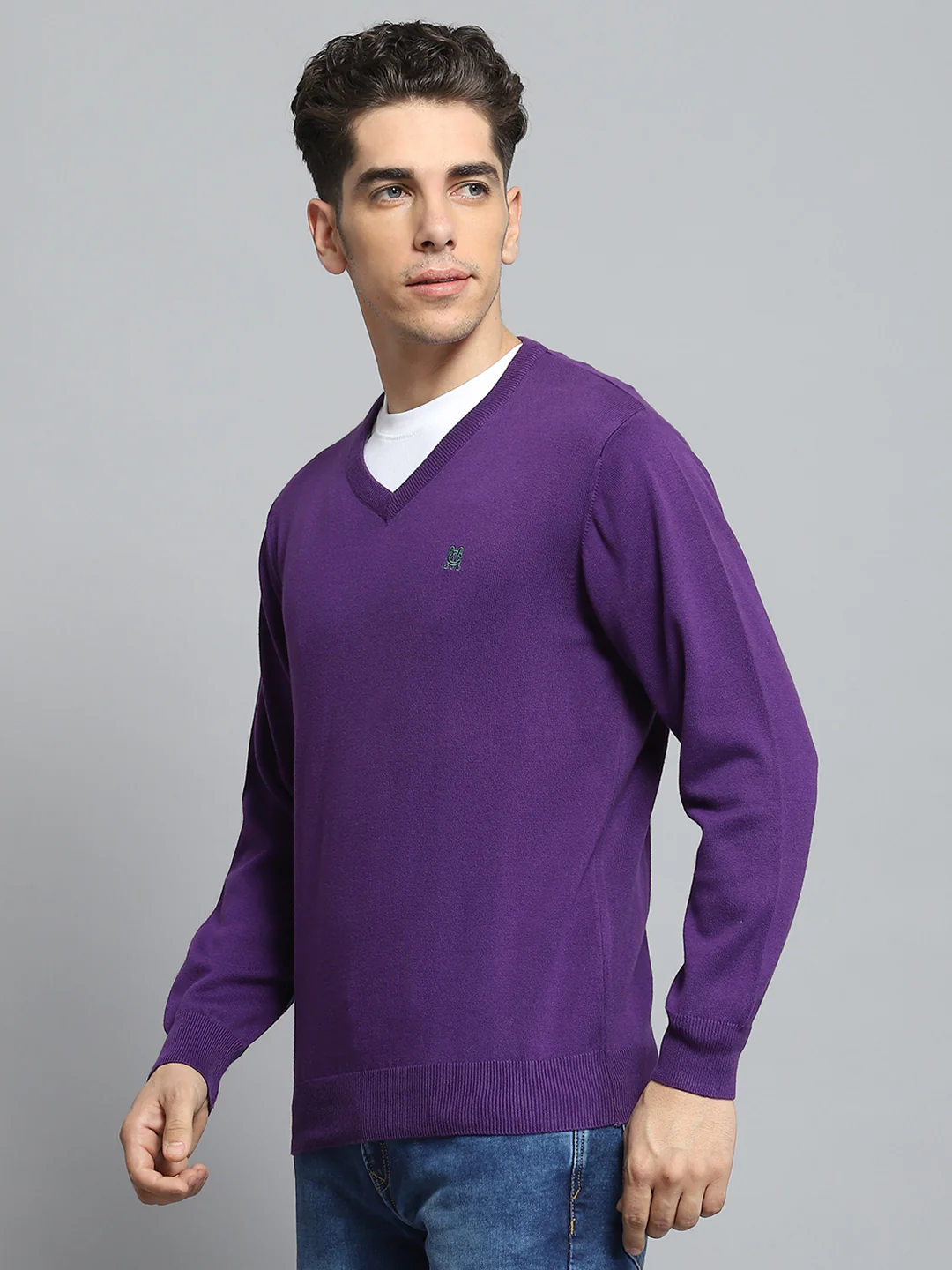 Men Purple Solid V Neck Full Sleeve Pullover - Image 3