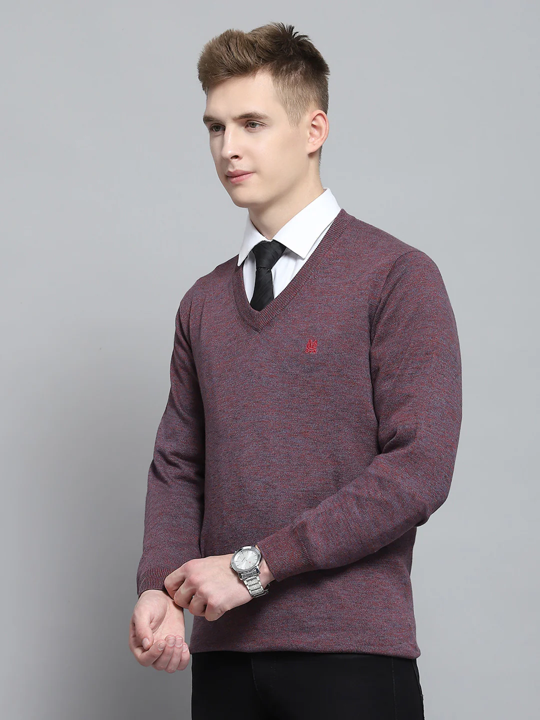 Men Purple Solid V Neck Full Sleeve Pullover - Image 3