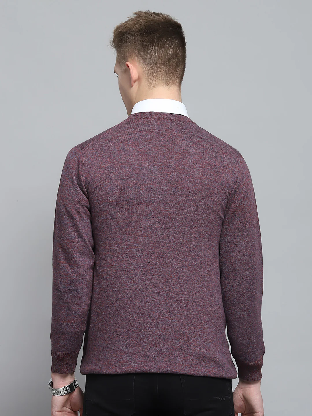 Men Purple Solid V Neck Full Sleeve Pullover - Image 5