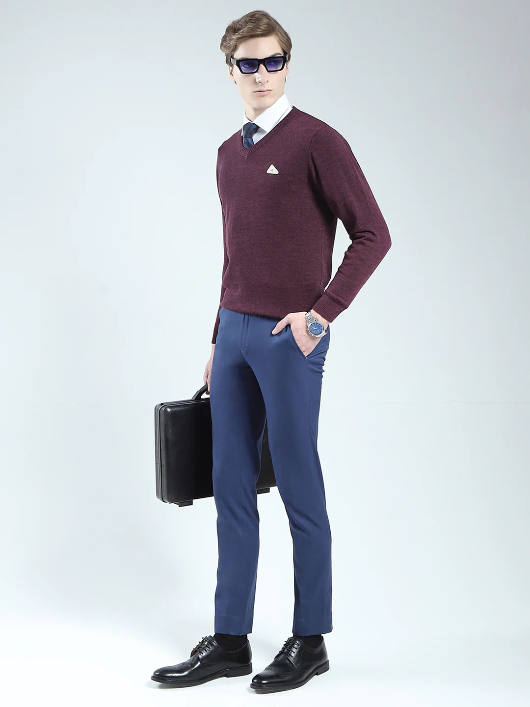 Men Purple Solid V Neck Full Sleeve Pullover - Image 2