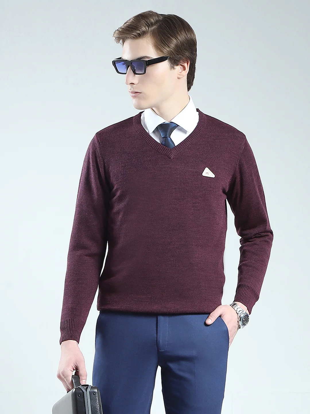 Men Purple Solid V Neck Full Sleeve Pullover - Image 6