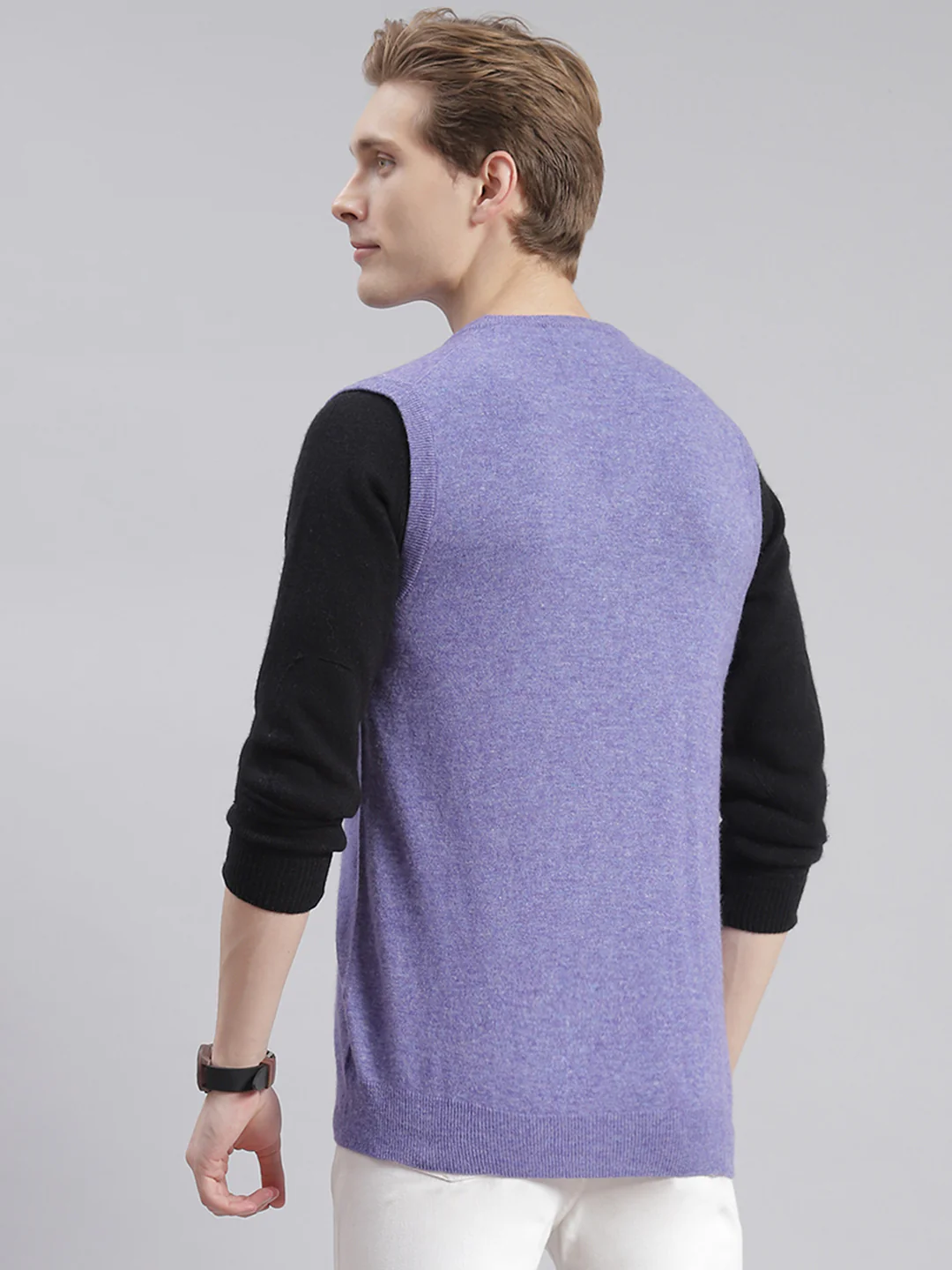 Men Purple Solid V Neck Sleeveless Sweaters/Pullovers - Image 5