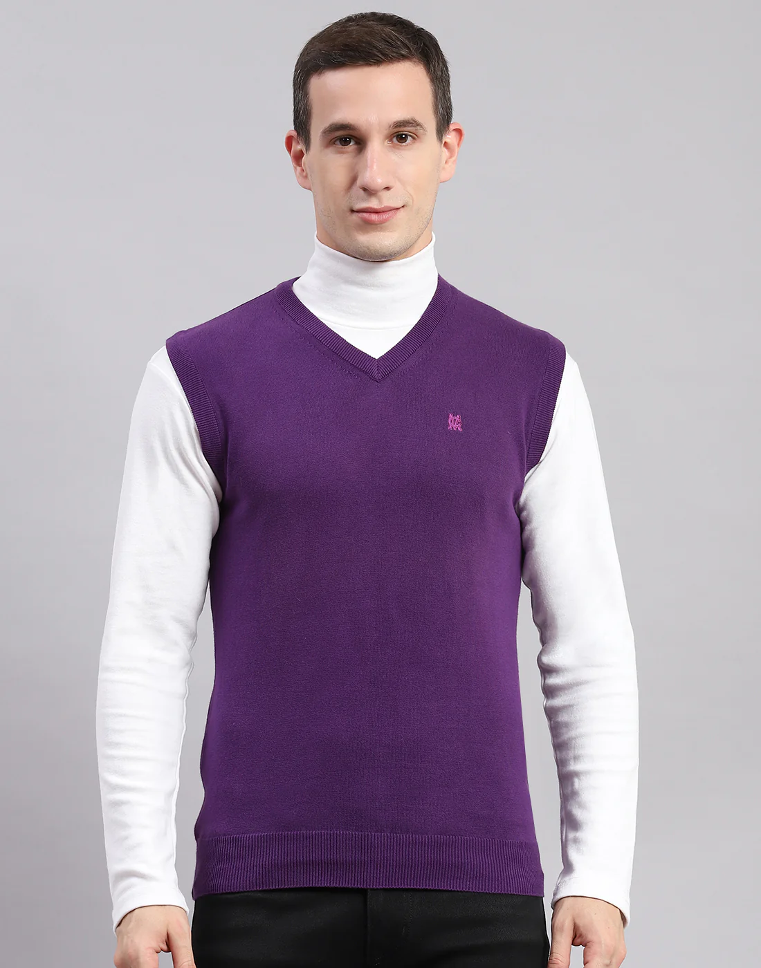 Men Purple Solid V Neck Sleeveless Sweaters/Pullovers - Image 2