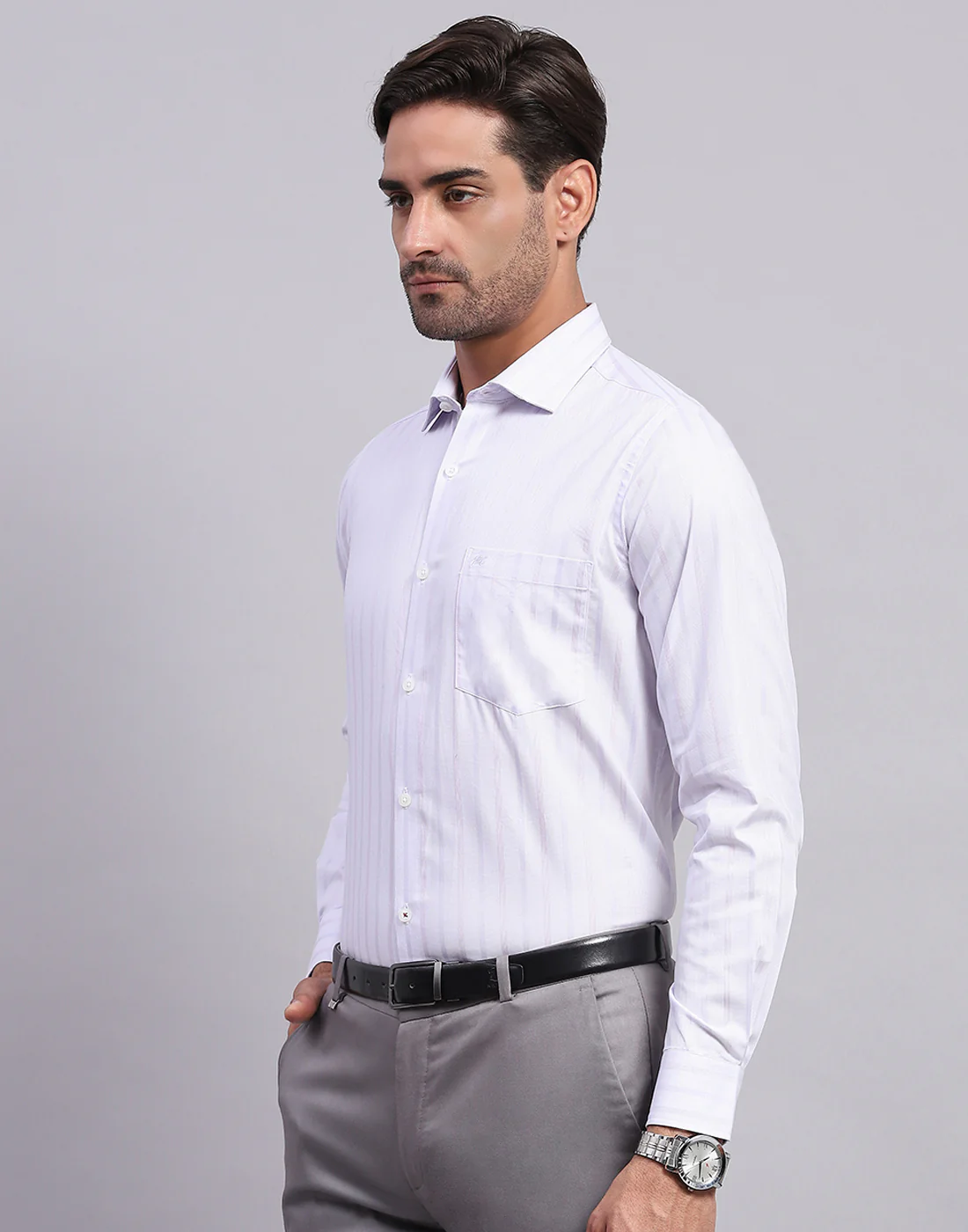 Men Purple Stripe Collar Full Sleeve Shirt - Image 3