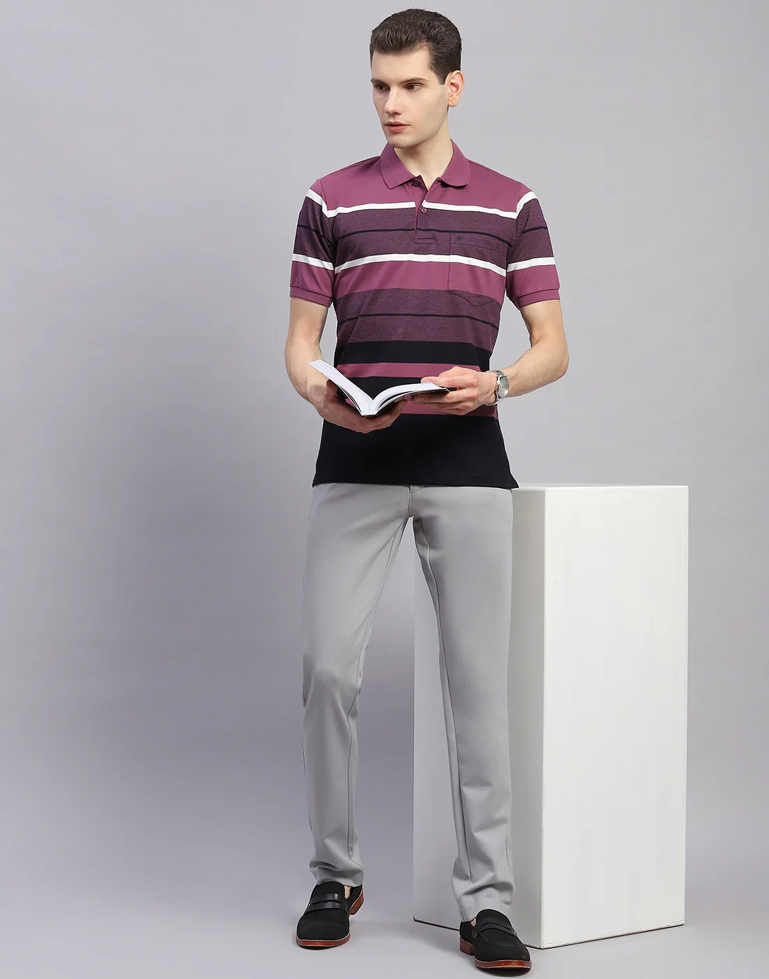 Men Purple Stripe Collar Half Sleeve T-Shirt - Image 3