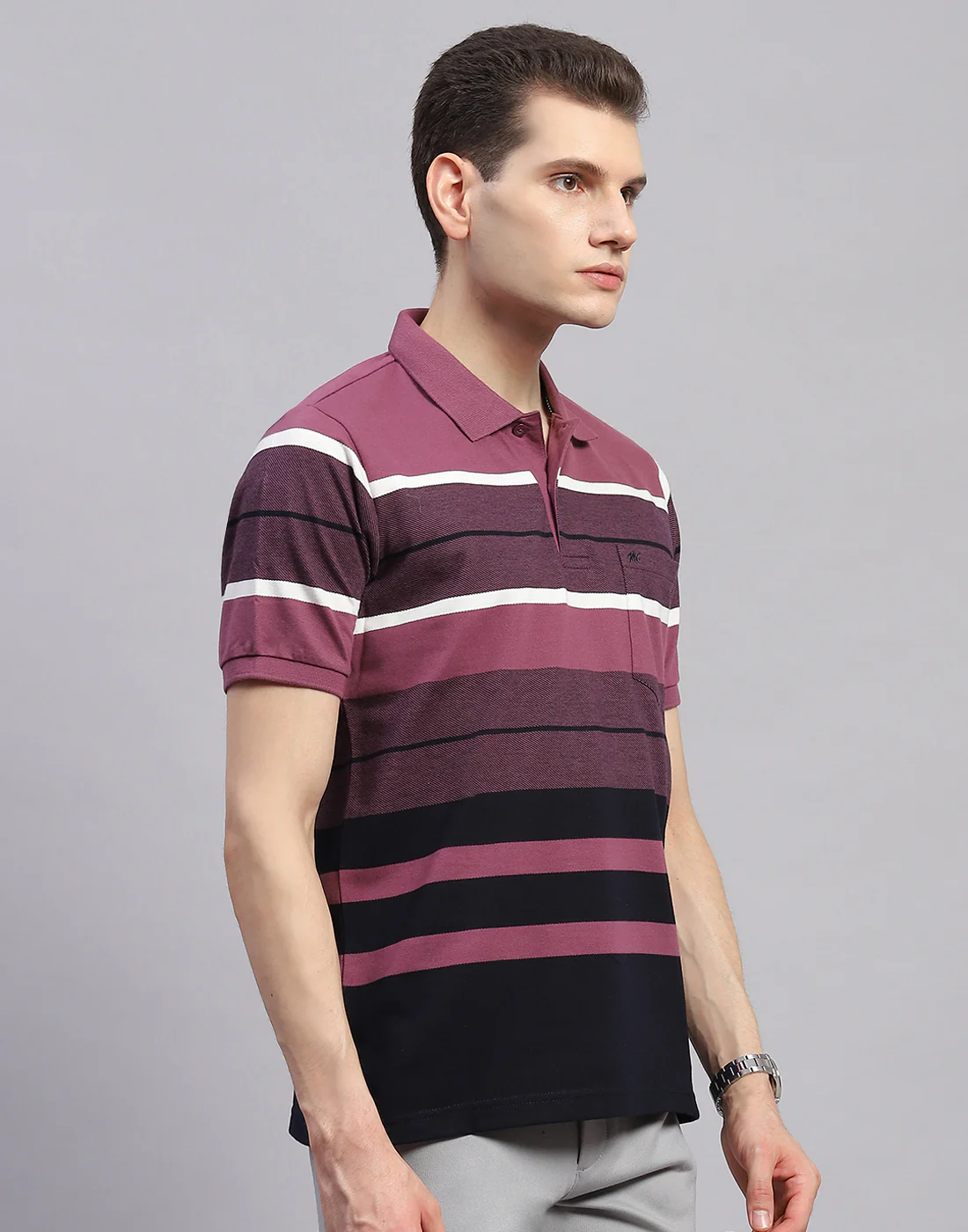 Men Purple Stripe Collar Half Sleeve T-Shirt - Image 4
