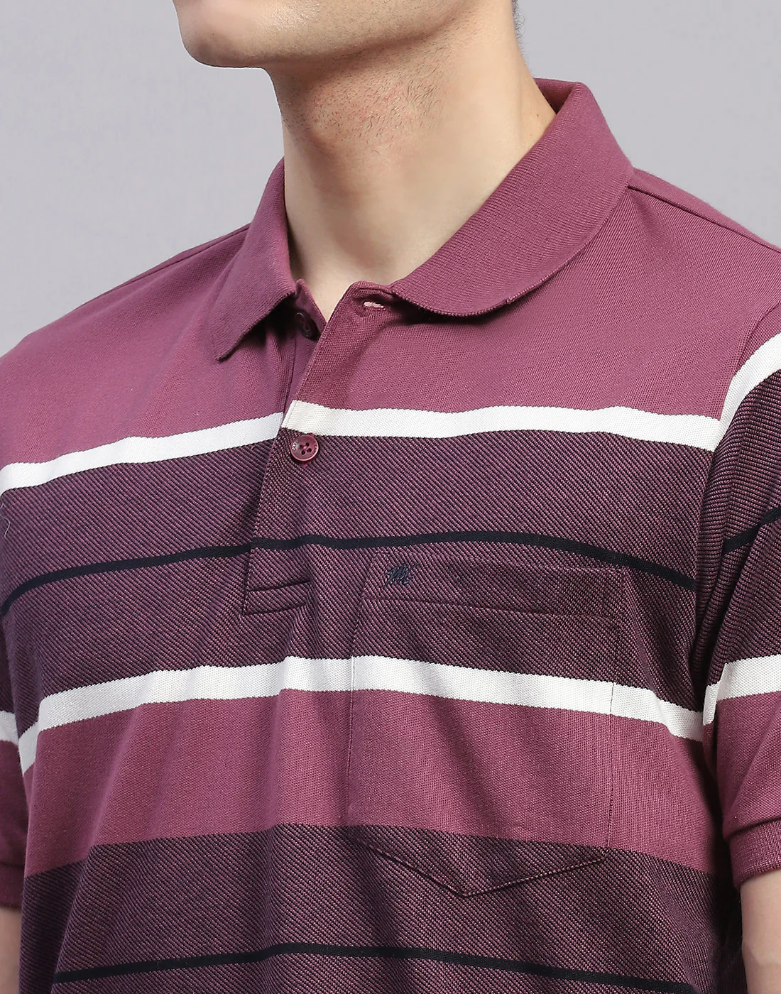 Men Purple Stripe Collar Half Sleeve T-Shirt - Image 6
