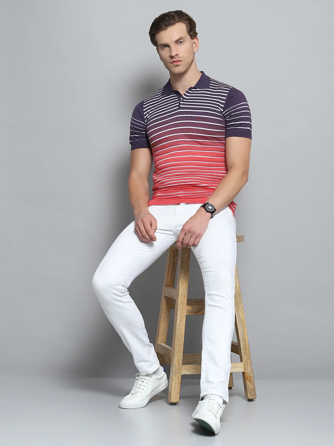 Men Purple Stripe Collar Half Sleeve T-Shirt - Image 2