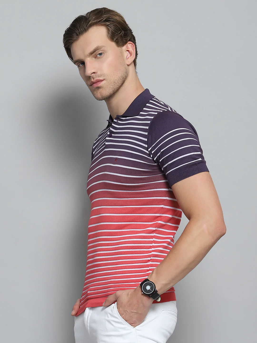 Men Purple Stripe Collar Half Sleeve T-Shirt - Image 3