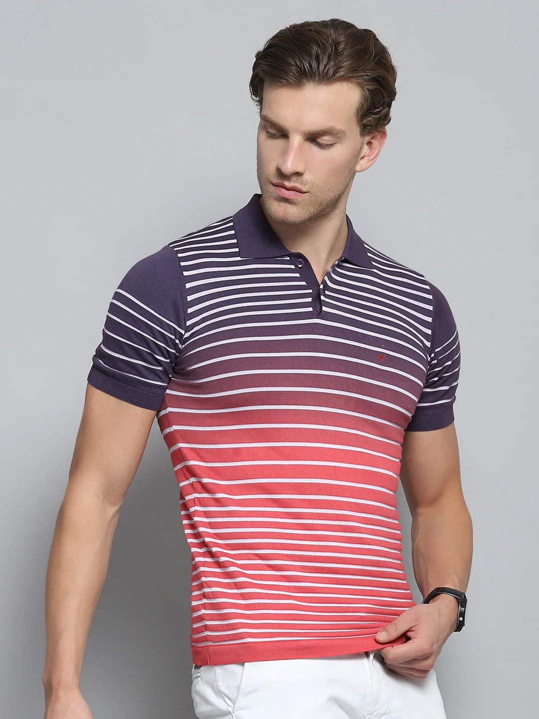 Men Purple Stripe Collar Half Sleeve T-Shirt - Image 4
