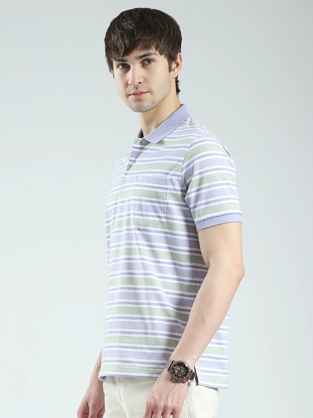Men Purple Stripe Collar Half Sleeve T-Shirt - Image 3