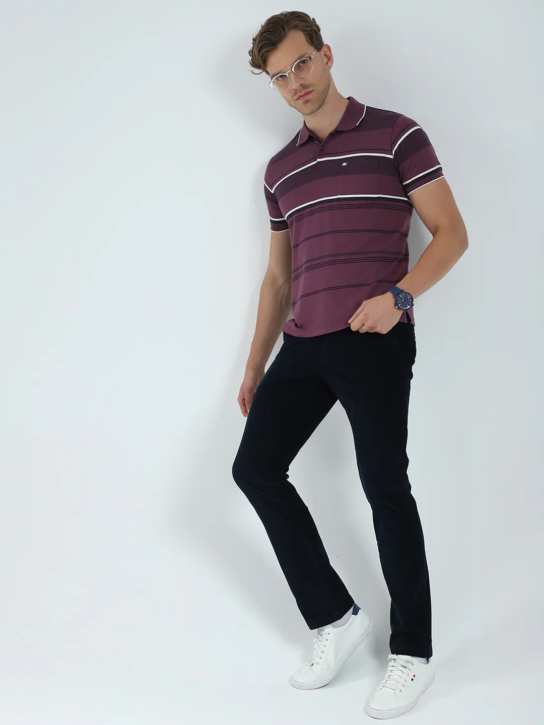Men Purple Stripe Collar Half Sleeve T-Shirt - Image 2