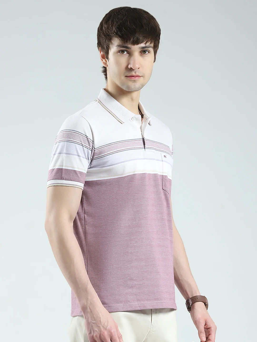 Men Purple Stripe Collar Half Sleeve T-Shirt - Image 4