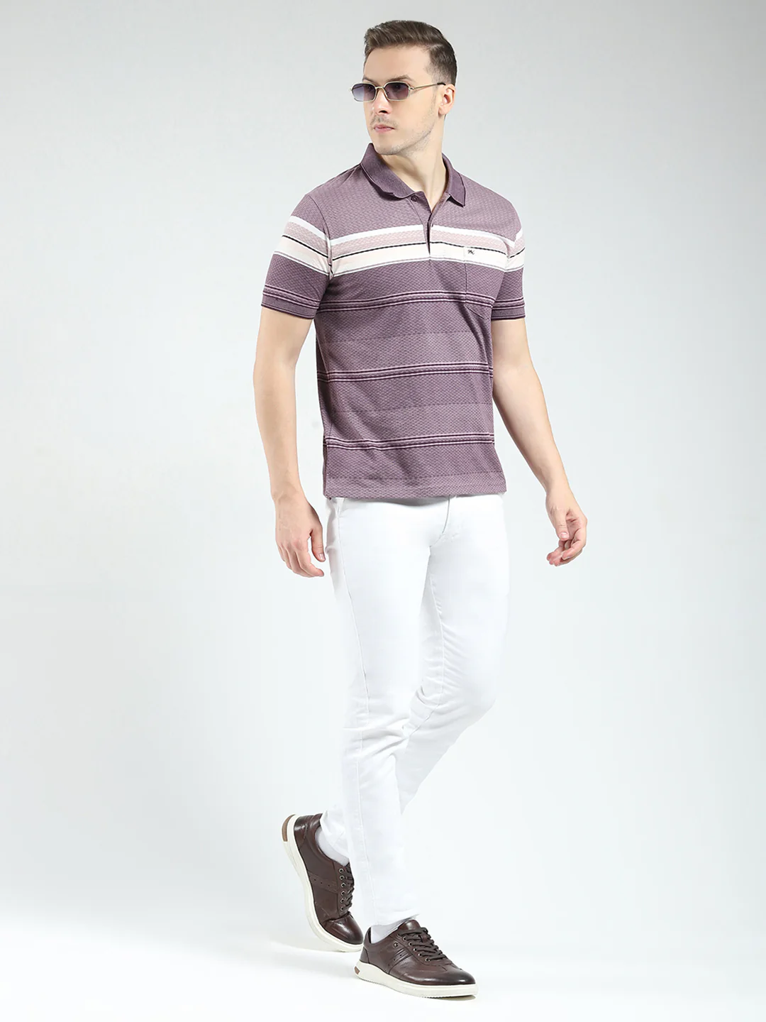 Men Purple Stripe Collar Half Sleeve T-Shirt - Image 2