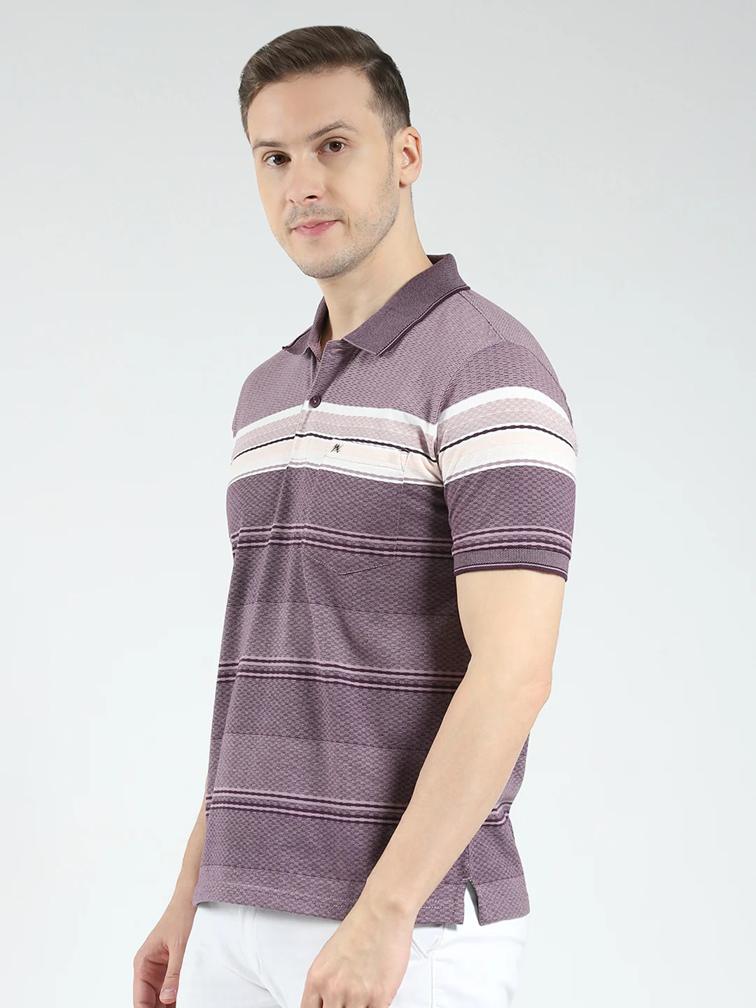 Men Purple Stripe Collar Half Sleeve T-Shirt - Image 3