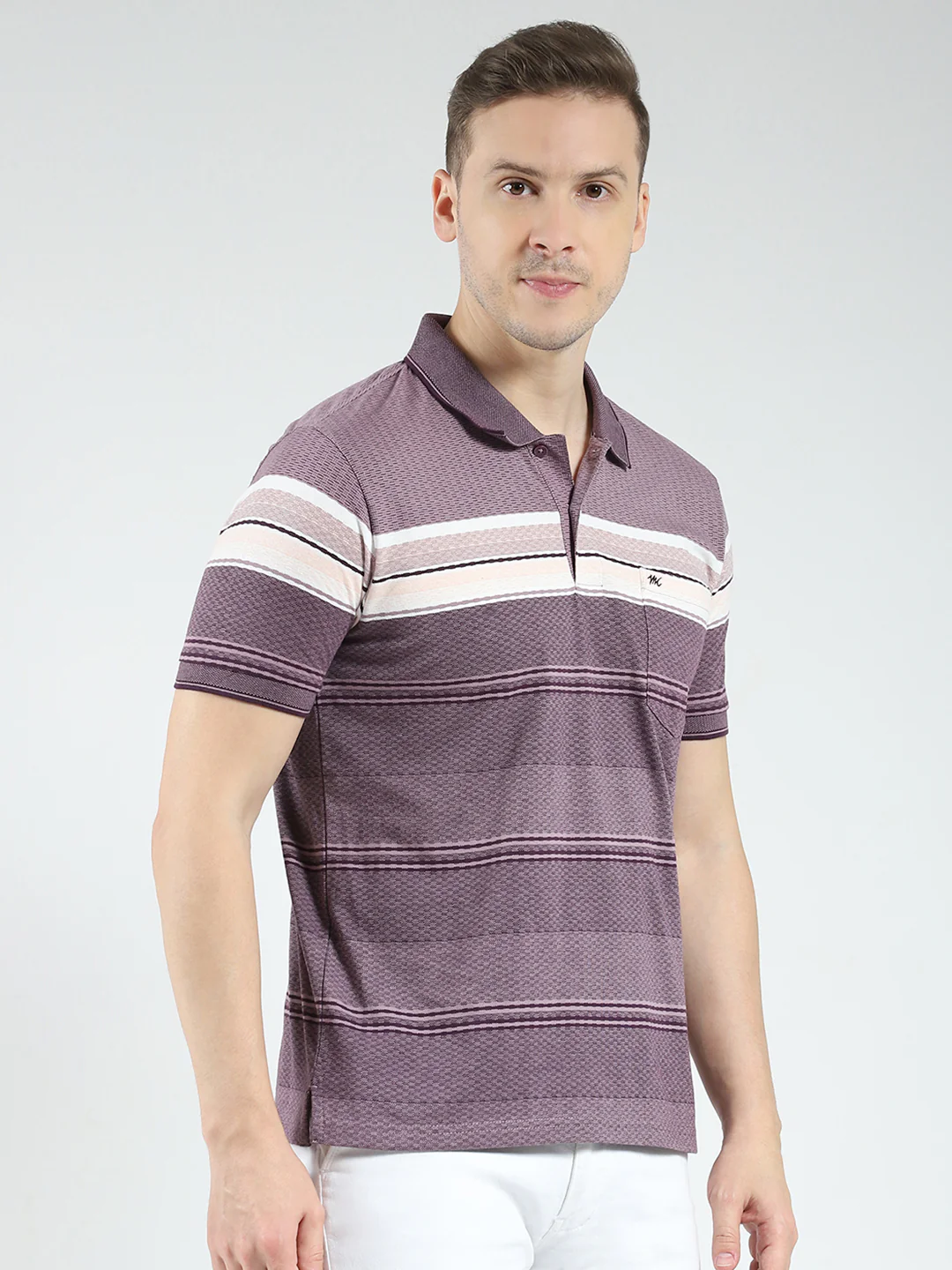 Men Purple Stripe Collar Half Sleeve T-Shirt - Image 4