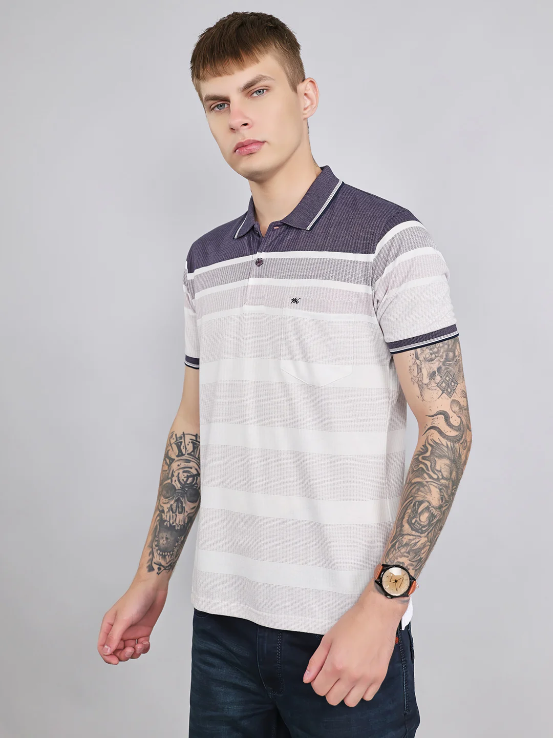 Men Purple Stripe Collar Half Sleeve T-Shirt - Image 2