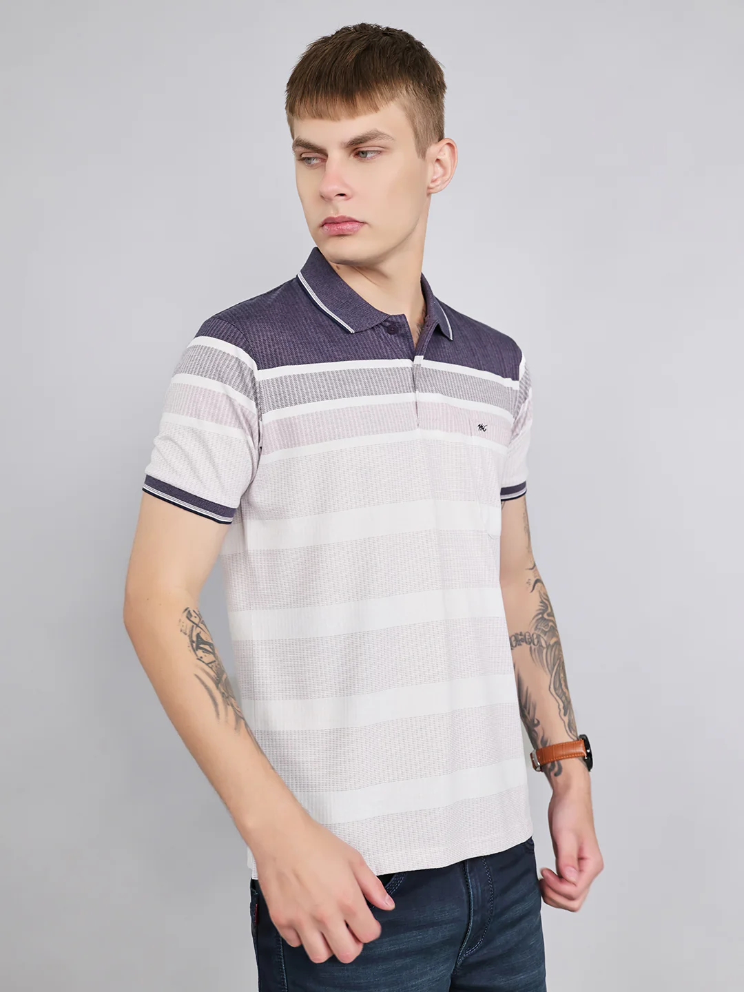 Men Purple Stripe Collar Half Sleeve T-Shirt - Image 3