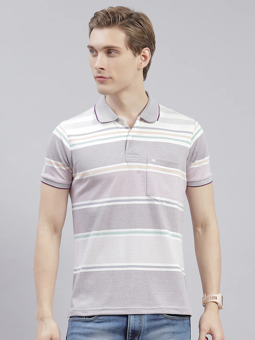 Men Purple Stripe Collar Half Sleeve T-Shirts - Image 2