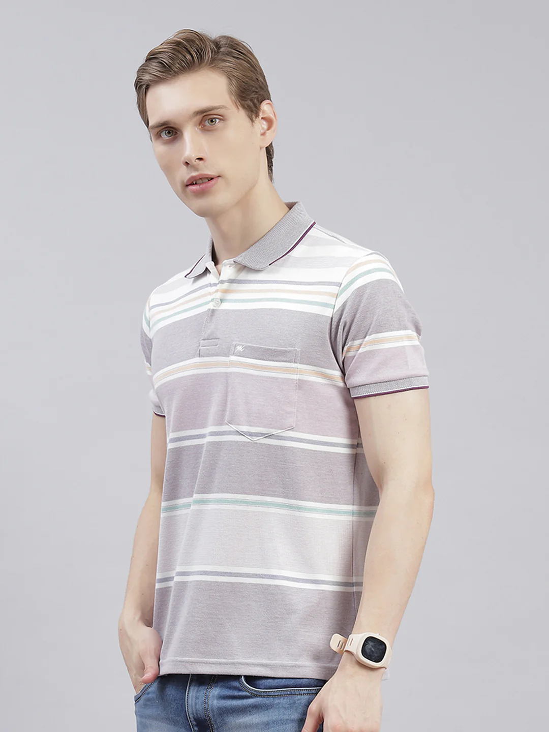 Men Purple Stripe Collar Half Sleeve T-Shirts - Image 3