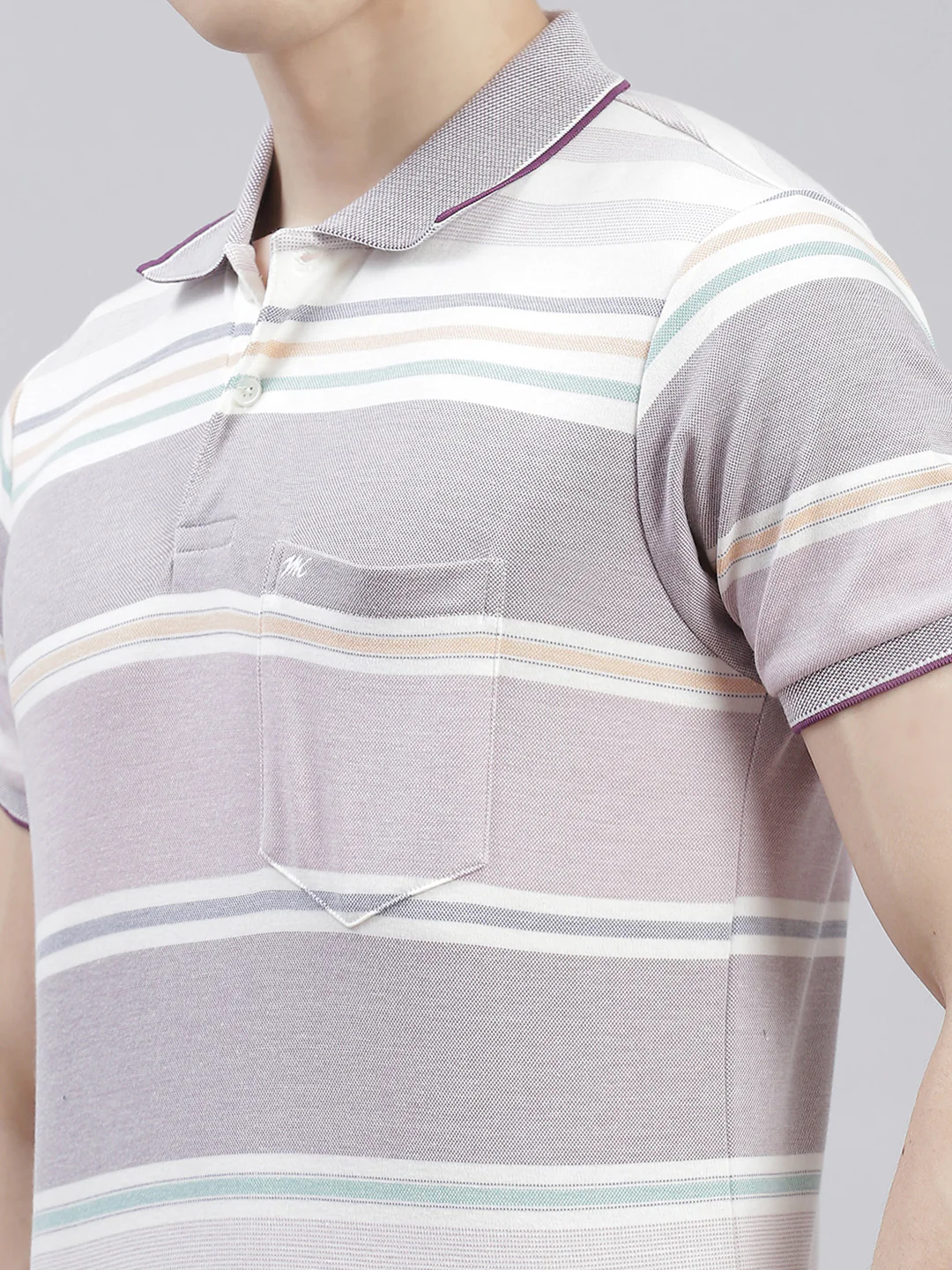 Men Purple Stripe Collar Half Sleeve T-Shirts - Image 6
