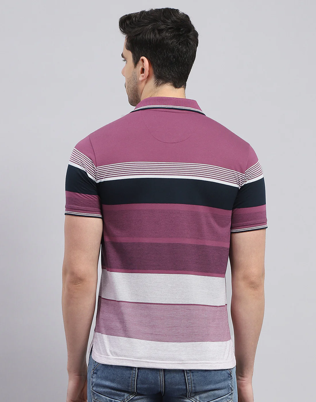 Men Purple Stripe Polo Collar Half Sleeve T-Shirt - Image 5