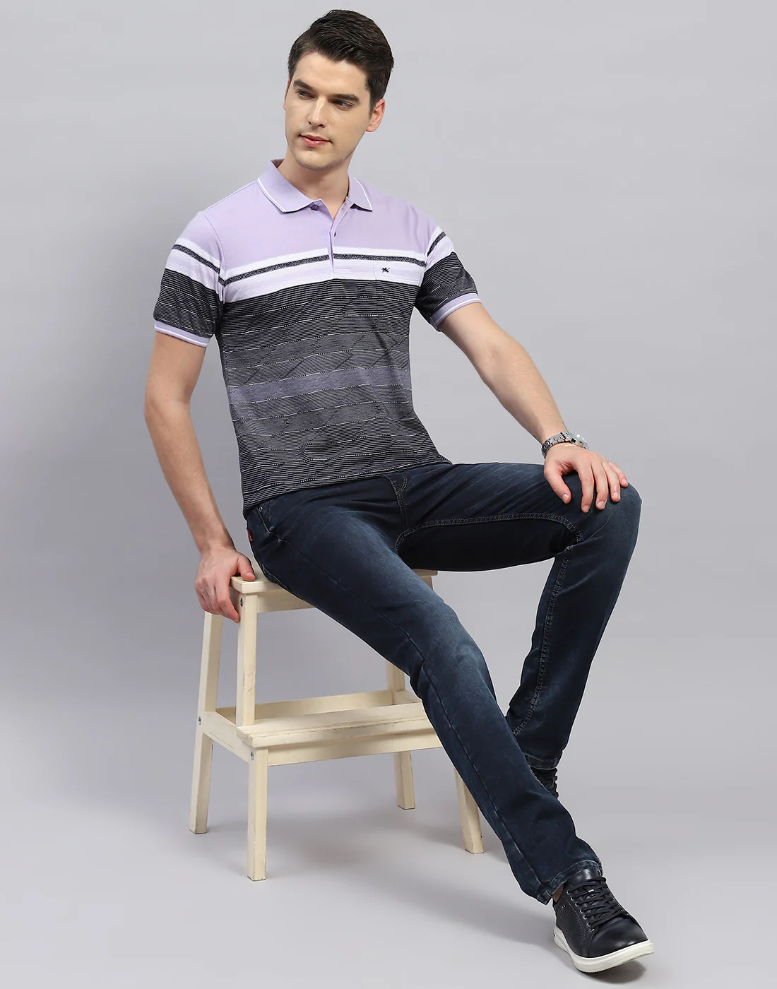 Men Purple Stripe Polo Collar Half Sleeve T-Shirt - Image 2