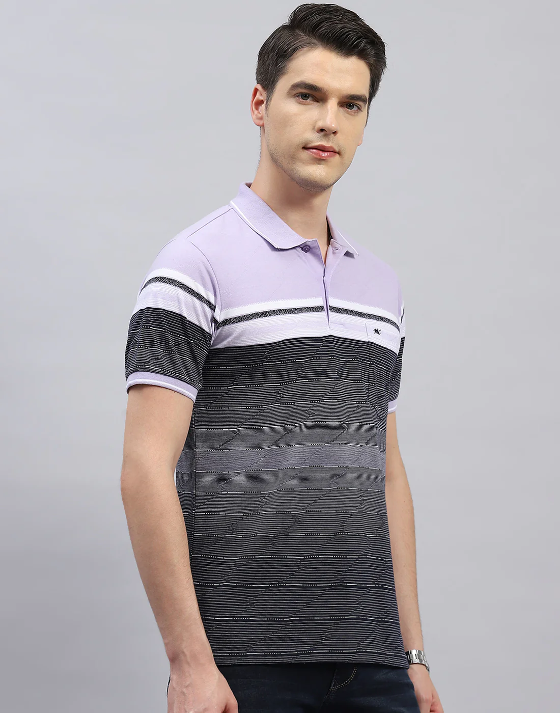 Men Purple Stripe Polo Collar Half Sleeve T-Shirt - Image 4