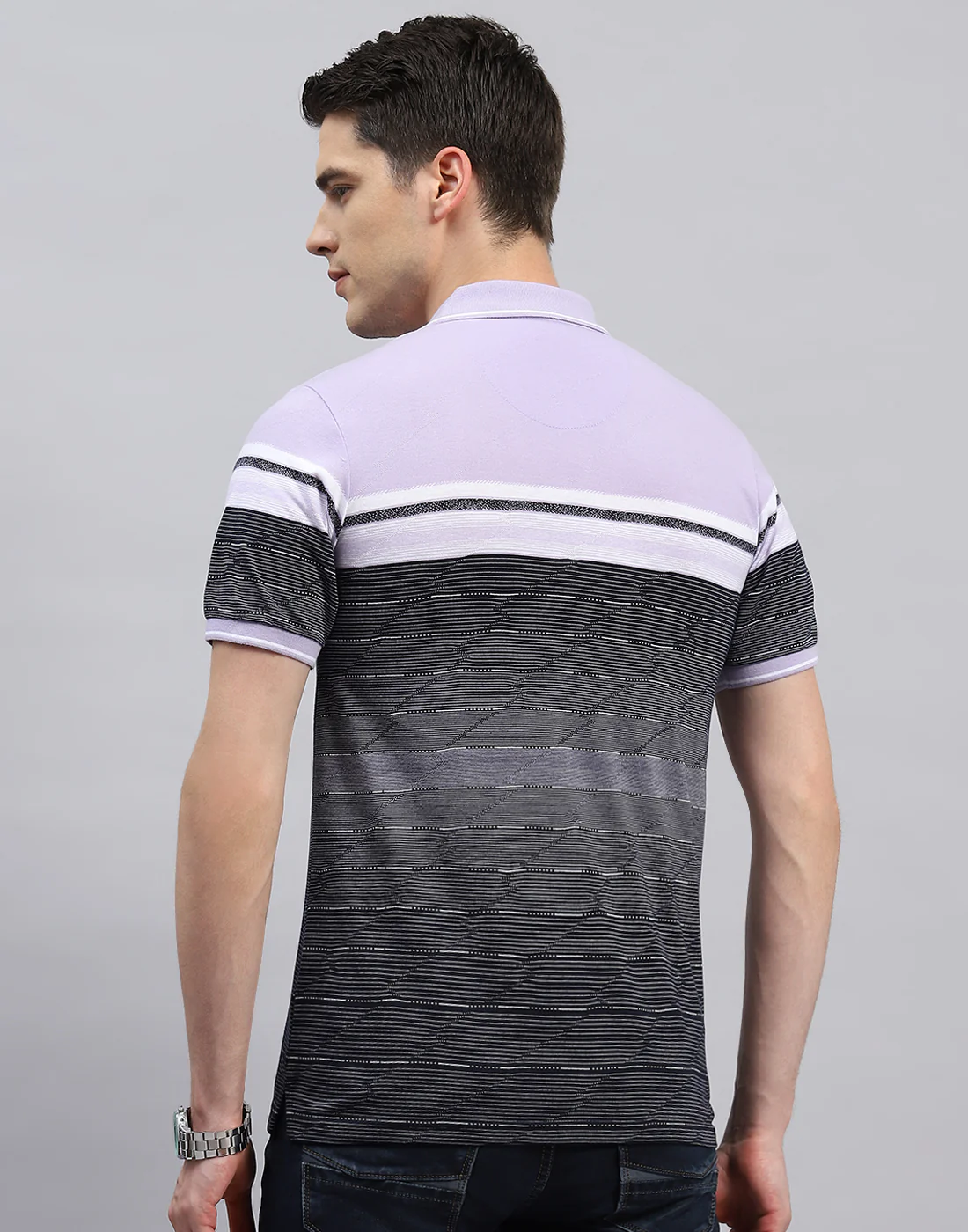 Men Purple Stripe Polo Collar Half Sleeve T-Shirt - Image 5