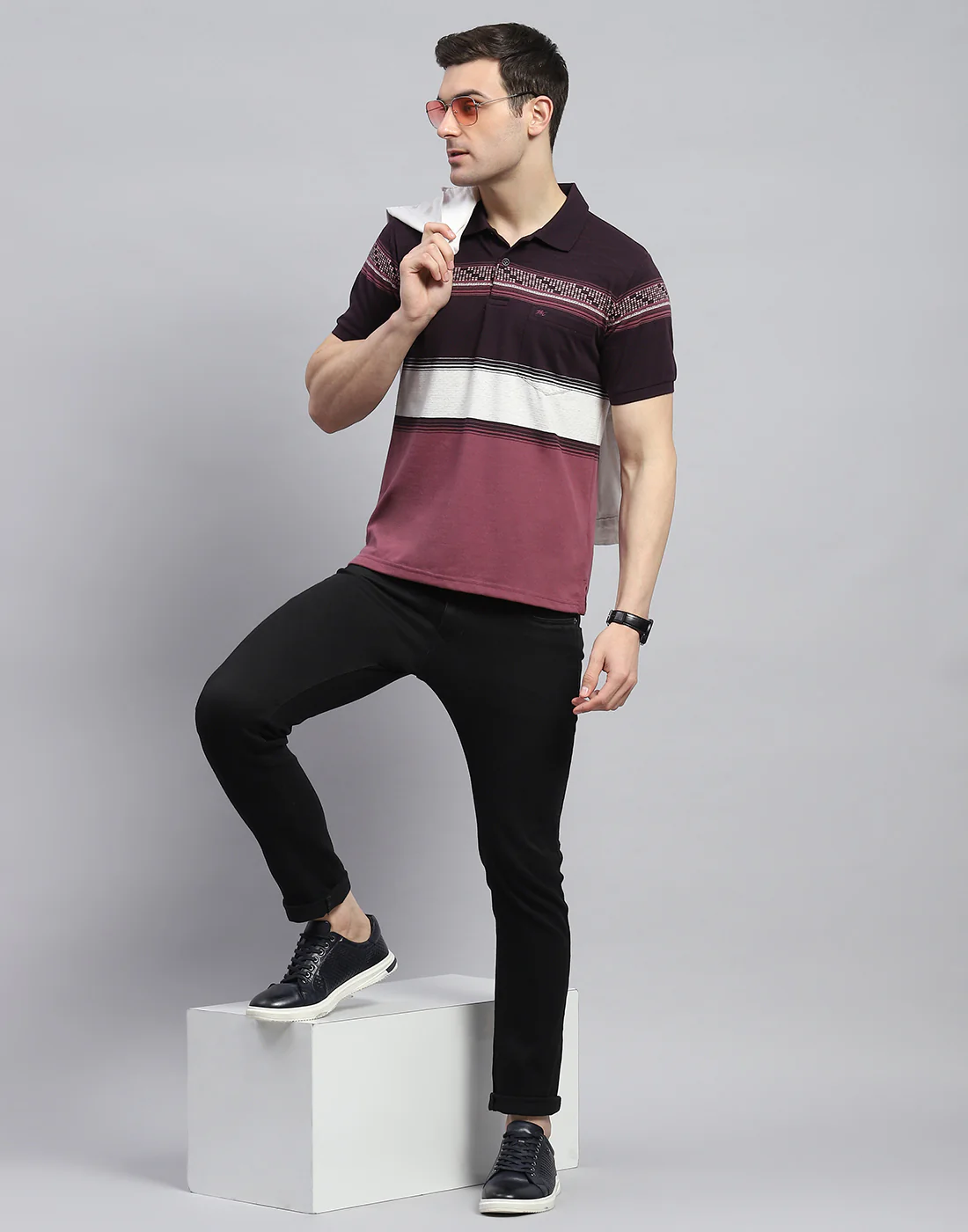 Men Purple Stripe Polo Collar Half Sleeve T-Shirt - Image 2